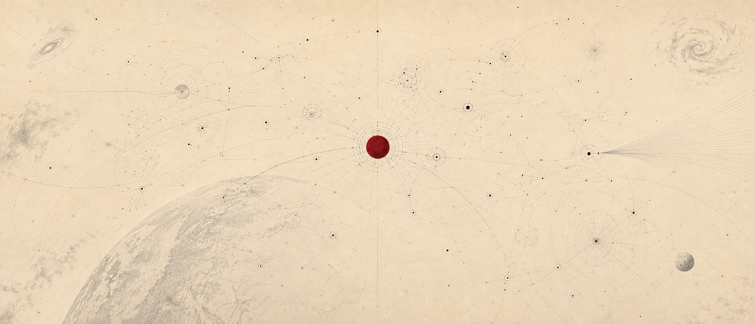 An imagined network of worlds, intelligences and civilisations extending from Earth around a crimson centre